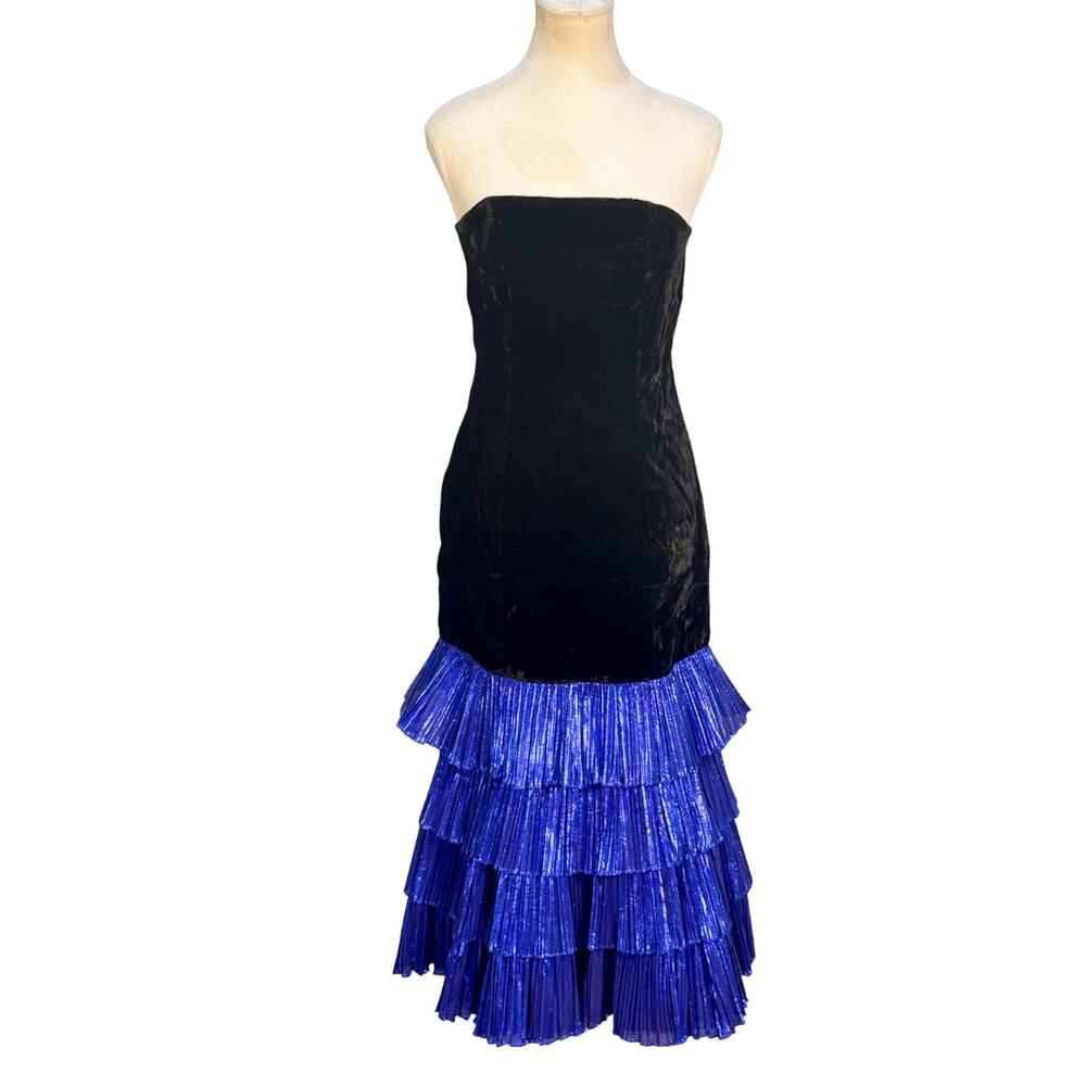 Vintage 80s Bonnie's Boutique Black Velvet Sleeveless Drop Waist Dress Size 8